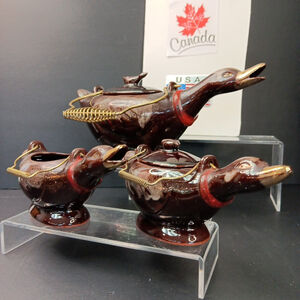 Vintage Japanese Teapot Set With 2 Lids Ducks Geese Birds Metal Handles Redware